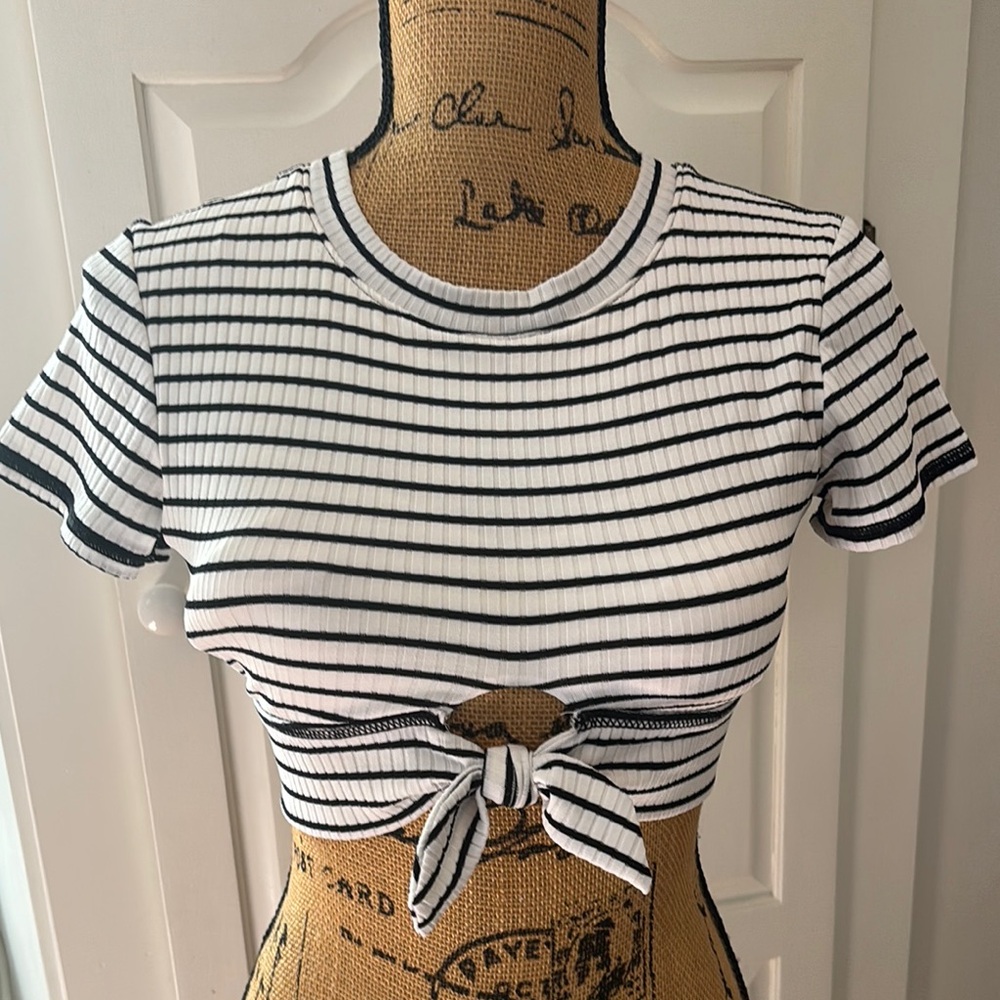 Robin Piccone Black and White Ribbed Crop T-Shirt